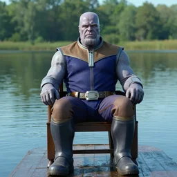 a very high resolution image from a new movie. thanos sitting on chair in a lake, photorealistic, photography, directed by wes anderson