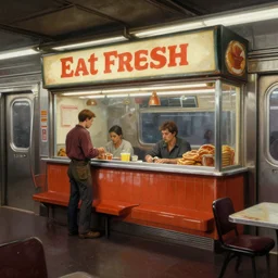 bertolucci inspired matte painting of a subway eat fresh restaurant in detroit slums hyper realistic 8 k by michaelangelo