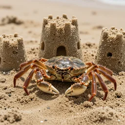 detailed still image of a crab peeking out of a sand castle, dslr, 8 k, detailed, hyper realism
