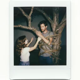 polaroid photograph portrait of the creation of adam in real life, a twisted tree's branches strangle a man and a woman reaching toward each other, closeup, dark green leaves, in front of a glowing rundown log cabin at night, overcast skies, dark blues, in a deep dark forest, nightmare, highly detailed, sigma 8 5 mm f / 1. 4, 1 5 mm, 3 5 mm, raw, 4 k, 8 k, hd, high resolution
