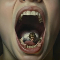 tiny man trapped in a portal to giant screaming mouth, disturbing, uneasy, unsettling, by hieronymus bosch, trending on artstation, trending on nightcafe, by alexander fedosa oil on canvas