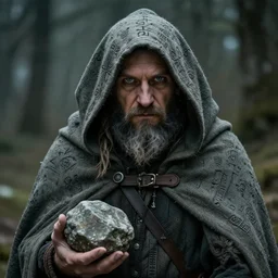 portrait of halfling wearing a cloak covered in sigils, haunting eyes, with a pet rock