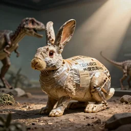dinosaur museum style fossil reconstruction of a rabbit, shrink wrapped, low fat levels, realism
