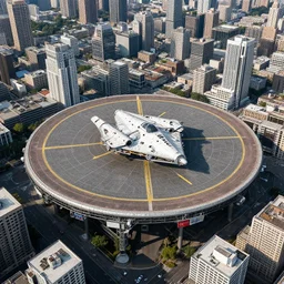 Aerial view of a city, in the middle is a landing pad where an imperial fighter spaceship has landed