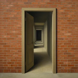 an open door to nothingness in brick wall with endless hallway inside, painting by rene magritte, centered, high detail, high resolution