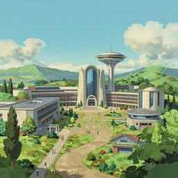 afro futuristic college campus, beautiful landscape, concept art render, by studio ghibli and dwayne mcduffie and denys cowan, hot pink and gold color scheme, 3 2 k, hd, intricate details, epic composition