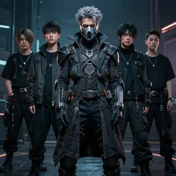 very cool man grey hair with piercing, face mask, streetwear, techwear, cyberpunk style outfit, full body, nose piercing, detailed portrait, intricate complexity, by greg rutkowski, cushart krentz, artgerm, ross tran, conrad roset, takato yomamoto, ilya kuvshinov. 4 k, beautiful, cinematic dramatic atmosphere, portrait lighting, dramatic, cyberpunk backdrop