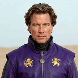 Modern photograph of Christopher Walken as Emperor Shaddam IV in Dune, with blue sclera, wearing futuristic ornate purple regal leather uniform, with two golden lion emblems