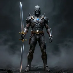 full body centered uncut character pose of he - man, mysterious - eerie - ominous, he - man is holding the power sword in his right hand, dark grey shadowy smokey eery background, direct natural lighting, cinematic, epic, ultra - detailed, sharp focus, colored zbrush render, popular on artstation, artwork by artgerm and greg rutkowski and alphonse mucha