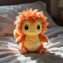 photograph of a diglett plushy on bedding, fluffy plush, vibrant color photo, soaking wet