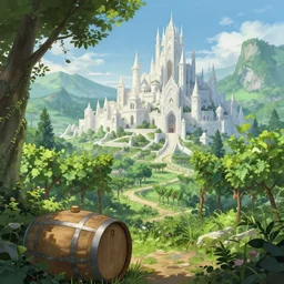 Lush winery outside a beautiful elven city made of white marble, anime, lush trees, a fantasy digital painting by Greg Rutkowski and James Gurney, trending on Artstation, highly detailed