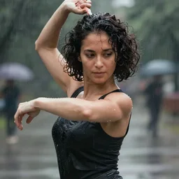 European woman photograph, (dark shorter curly hair), (38 years old), (good looking ), detail face, intelligent, dancing in the rain, curves, golden ratio,