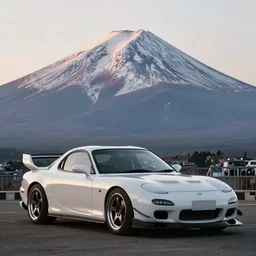 a stylistic photo of a modified rx 7 in mount fuji early in the morning | jdm | japanese