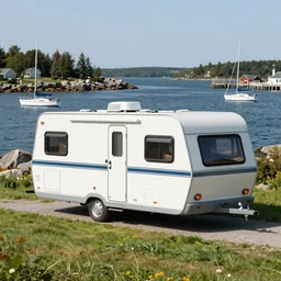 fifth wheel camper on the grass by the harbor in maine, rocky coast, sailboats in the water, tiny village, white background, cute digital cartoon painting art, 4 colors!!! trending on artstation