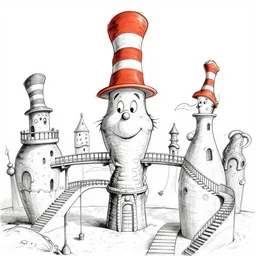 ! dream buildings, drawing by dr seuss, with towers, bridges, stairs