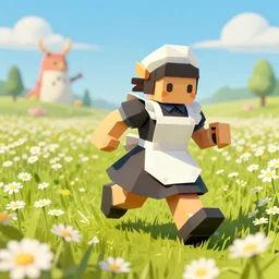 ( lowpoly ) ps playstation 1 9 9 9 running ( ( anthropomorphic ) ) ( ( lurantis ) ) maid wearing a hat standing in a ( field of daisies ), mount coronet in the distance digital illustration by ruan jia on artstation