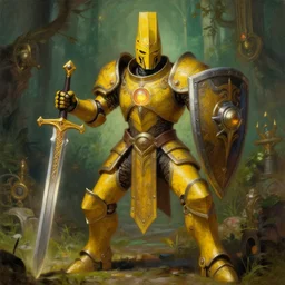 full body, attack position Ben Nicholson painting in lush fantasy environment of a ornate holy mechanical warforged with circular glowing eye, character in yellow armor holding a legendary paladin engraved holy great longsword and carrying a huge heavy paladin shield, vertically flat head, face in focus, epic , trending on ArtStation, masterpiece,  cinematic lighting