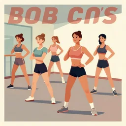 girls group fitness class in a gym, very coherent, 1 9 8 0 s propaganda poster art, four tone, muted colors