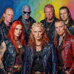 apocalyptic scifi orcish biker characters posing together in a professional group photo, psychedelic vibrant colors, futuristic punk rock fashion, oil painting by michael whelan art, perfect faces, sharp focus, detailed eyes, realistic, leather jackets, 8 k