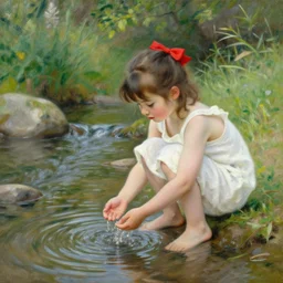 8 years old rina playing with the water, wearing white cloths, and a red bow in her hair, sitting by the side of a creek, in the painting style of renoir, 8 k, detailed, rule of thirds