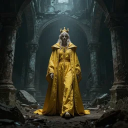 King in yellow in middle of a ruins, horror, eldritch, 8K, concept art, DSLR, filmic, HDR, hyperrealism, Unreal Engine, volumetric lighting, Darkart