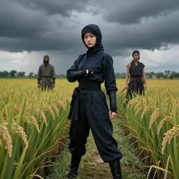 vietnamese girl ninja posing in rice paddy by walter keane and greg rutkowski and min guen, trending on artstation, ultrarealistic, photorealistic, 8 k render, octane render, unreal render, global illumination, stormy weather