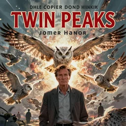 Pulp book cover of Twin Peaks artwork by Tomer Hanuka Rendering of an flock ominous owls exploding and fly all around Dale Cooper, full of details, by Makoto Shinkai and thomas kinkade, Matte painting, trending on artstation and unreal engine