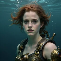 underwater steampunk biopunk portrait of emma watson, au naturel, hyper detailed, digital art, trending in artstation, cinematic lighting, studio quality, smooth render, unreal engine 5 rendered, octane rendered, art style by klimt and nixeu and ian sprigger and wlop and krenz cushart.
