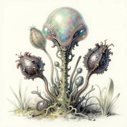 Alien plant from alpha centauri, illustrated from nature. highly detailed botanical field sketches. Alien hybrid, opalescent, metallic, strange fruits, pseudopods