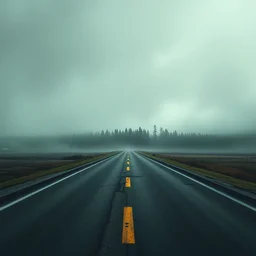grunge painting of an empty road. in the distance, there is a forest. by bob ross, grim, gothic, ominous, haunting, foggy background, immaculate scale, hyper - realistic, trending on artstation, 8 k, detailed, atmospheric, immaculate