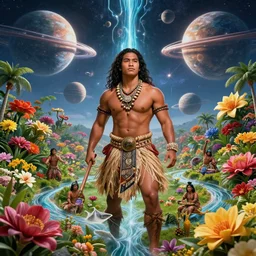 young duke kahanamoku as a hawaiian warrior emerging from a surrounded intergalactic planets connected by streams of multiversal flow, sigma male, gigachad, lush garden of majestic flowers, visually stunning, luxurious, by wlop, james jean, jakub rebelka, tran nguyen, peter mohrbacher, yoann lossel