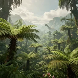 a distant prehistoric fern jungle, a distant sauropod head in the background, mountains, clouds, volumetric lighting, hazy, washed out, an award winning digital render, beautiful, ultradetailed, hyperrealistic, great composition