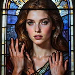 epic masterpiece Elizabeth Turner behind a stained glass, sweaty skin, hyperrealistic, octane render, cinematic, beautiful face and flawless skin, perfect hands, 5 fingers,  by Edgar Maxence and Ross Tran and Michael Whelan, Legends of Runeterra