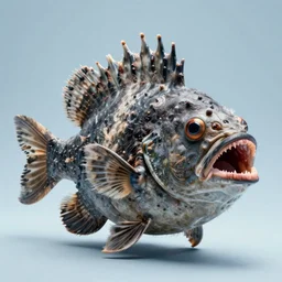 an extraterrestrial fish with multiple mouths, hairy, spiky, plain light blue background, dslr, fine details, soft light