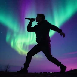 rapping into microphone, silhouette, psychedelic, outrun, hip hop, Aurora borealis, trending on Artstation, professional artist, detailed, 4k