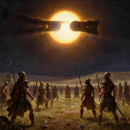 a total solar eclipse fills the sky, warriors on an ancient battlefield stop and look up as the sky goes dark. 5 0 0 bc. beautiful painting by artgerm and greg rutkowski, dramatic lighting, rich colors.