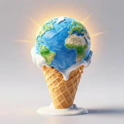 earth made of ice cream, in a cone, which is melting under the heat