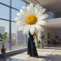 giant daisy flower as head, woman standing next to modern window in luxury loft, surreal photography, sunlight, impressionist painting, digital painting, artstation, simon stalenhag