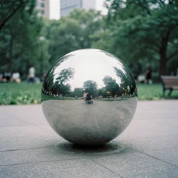 3 5 mm photo of a chrome blob in a city park, film photography