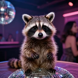 little raccoon in disco nightclub, ektachrome,