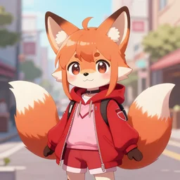 a cute anthropomorphic fox girl wearing a red and pink outfit. artstation, pixiv, furaffinity. digital artwork of a fursona. furry manga style drawing. city streets scenery.