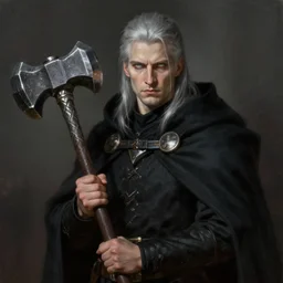 portrait man with silver hair wearing a black cloak, white eyes, holding a warhammer, fantasy, highly detailed, cinematic lighting, digital art painting by greg rutkowski