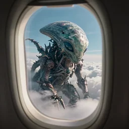 photo through an airplane window of a giant alien creature far away, ultra detailed, 4 k