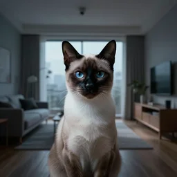 a dramatic portrait of a siamese cat inside a modern apartment, intricate concept art, ethereal, cinematic, dramatic lighting, by jeremy mann and julius adam ii