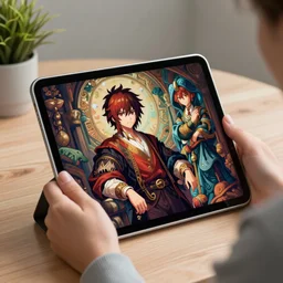 apple ipad tablet computer, woman using apple ipad tablet computer, greg rutkowski, john singer argent, anime, trending on artstation, intricate