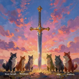 concept art fantasy painting of sword implanted into ground, colourful sky, by artgerm, sylvain sarrailh, rossdraws, wlop, fursona, furaffinity, furry, deviant art, e 6 2 1, global illumination, tankoban, oil on canvas, 4 k, smooth details, pixar animation style!
