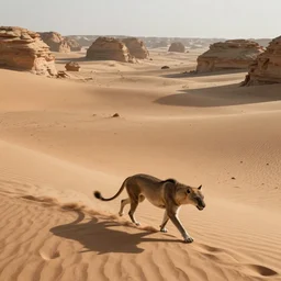 lithe beast prowling across the open desert, empty desert, sand, karst landscape, wide shot, concept art by greg rutkowski