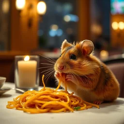 photo of a hamster eating spaghetti, at night, candlelit restaurant table, various poses, unedited, soft light, centered, sharp focus, 8 k