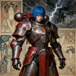 composition of gothic and futuristic young mainem, warhammer, cyber japan armor, more and more scars, thunderstorm, blue head, red, the middle ages, highly detailed, artstation, in the style of moebius, jugendstil and classic japanese print, art by greg rutkowski and rene magritte
