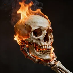 photograph of a skull burning while being held up by a skeletal hand photorealistic, hyperdetailed, volumetric light, cinematic, f 8 aperture